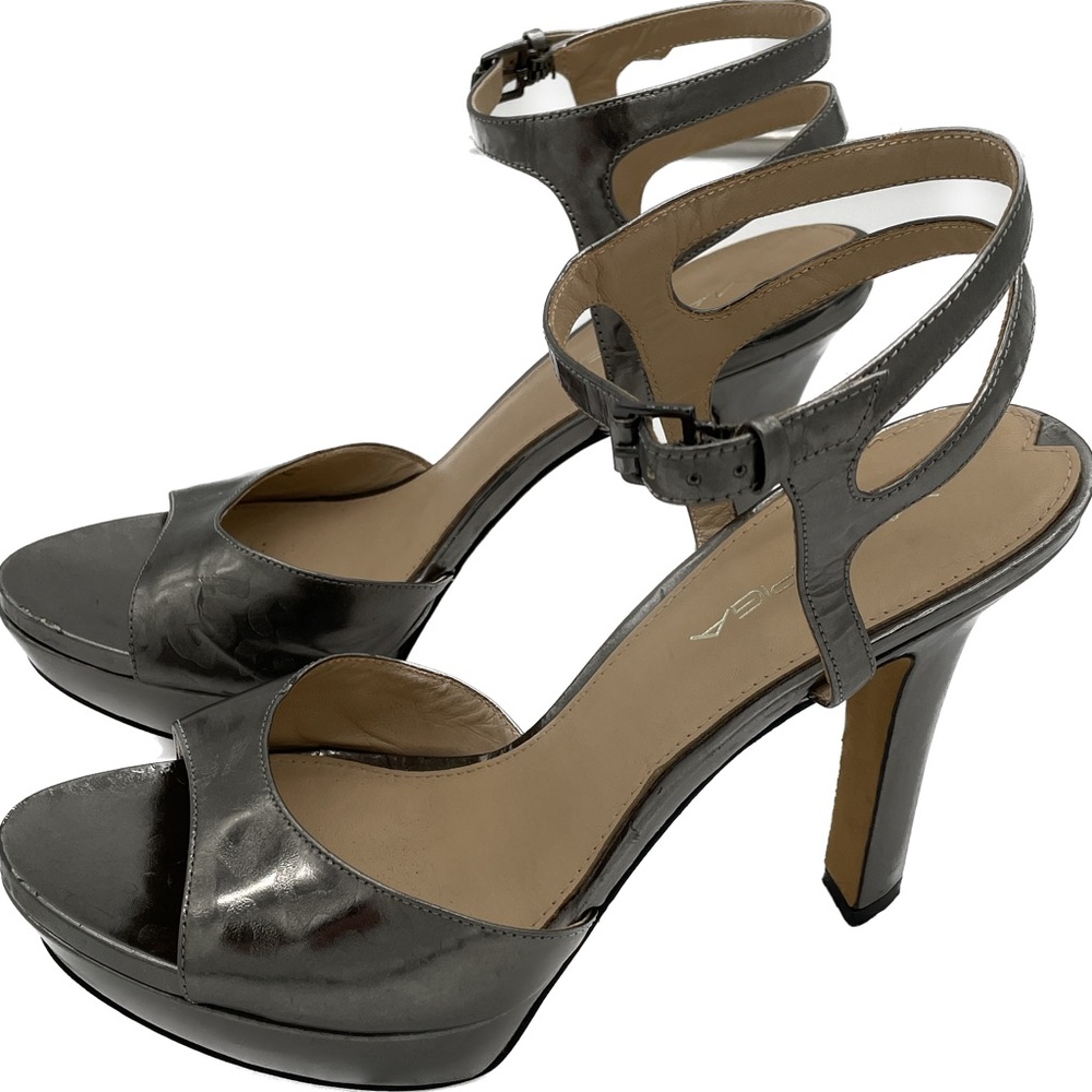 VIA SPIGA reptile leather platform open toe heel - SZ 8 silver